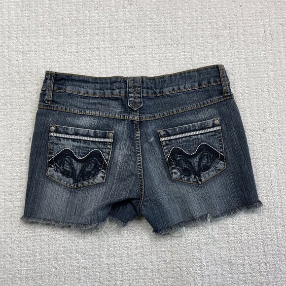 Y2K Suko Jeans Women Sz 7 Jean Shorts Denim Dark Blue Silver Distressed Cutoff - Picture 9 of 13